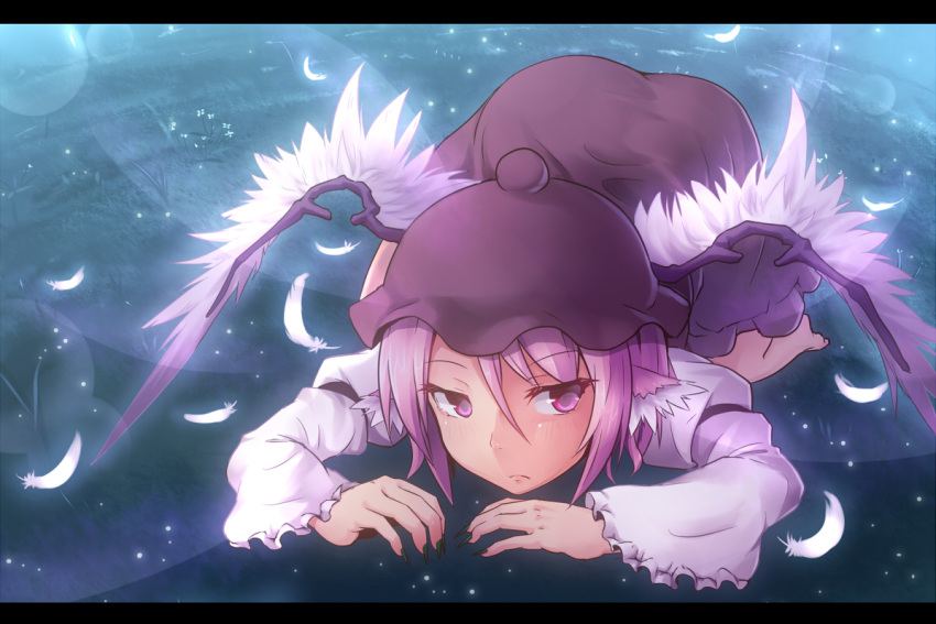 all_fours animal_ears ayagi_daifuku bird_wings brown_dress dress feathers flower grass green_nails hat juliet_sleeves letterboxed light_particles long_nails long_sleeves mystia_lorelei pink_eyes pink_hair puffy_sleeves shirt solo touhou