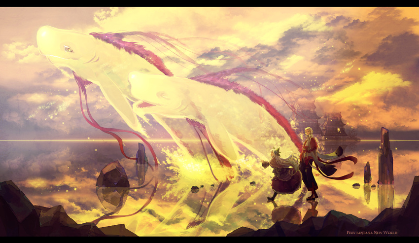 1boy 1girl clouds dress horizon long_hair mepo_(raven0) pixiv_fantasia pixiv_fantasia_new_world running sunset water