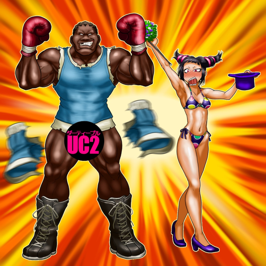 1boy 1girl armpits bikini blush boots boro bottomless boxing_gloves breasts censored cross-laced_footwear dark_skin grin han_juri hat hat_removed headwear_removed high_heels highleg highleg_bikini highleg_swimsuit lace-up_boots m_bison missing_tooth muscle parody pointy_hair red_eyes shoes short_twintails shorts side-tie_bikini smile street_fighter street_fighter_ii street_fighter_iv super_street_fighter_iv surprised swimsuit top_hat torn_clothes twintails