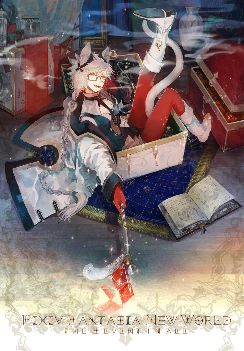 1girl animal_ears book boots braid breasts cat_ears cat_tail chest cleavage fang gears glasses gloves highres jewelry kunimitsu long_hair necklace original pantyhose pixiv_fantasia pixiv_fantasia_new_world red_eyes silver_hair single_braid tail