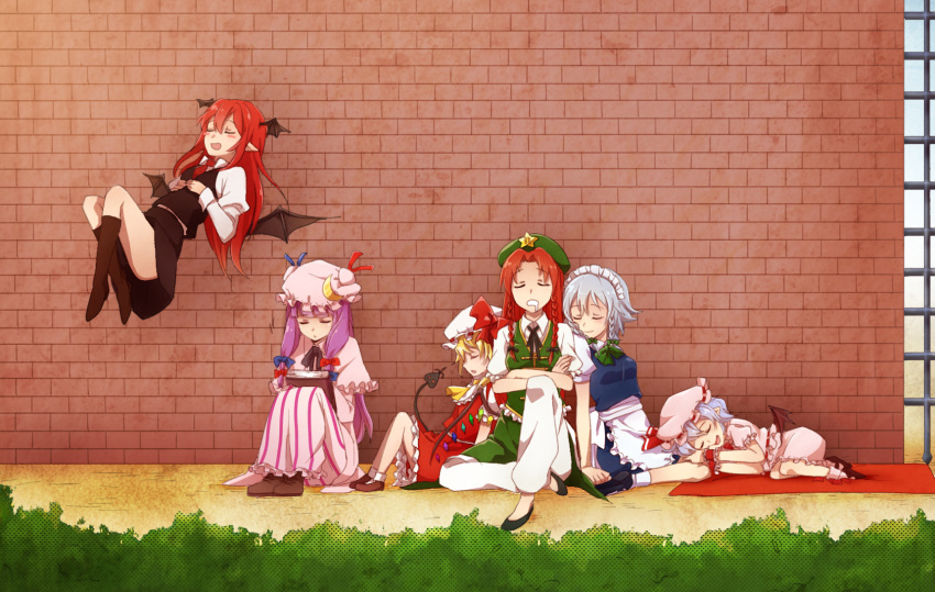 6+girls against_wall apron ascot bat_wings blonde_hair blue_dress capelet closed_eyes crescent crossed_arms dress drooling flandre_scarlet flying gate hair_ribbon hat hat_ribbon head_wings highres hong_meiling izayoi_sakuya juliet_sleeves koakuma lap_pillow leaning_on_person long_hair long_sleeves lying multiple_girls nagato123 on_side open_mouth pants patchouli_knowledge pointy_ears puffy_sleeves purple_hair redhead remilia_scarlet ribbon shirt short_hair short_sleeves silver_hair sitting skirt skirt_set star striped striped_dress touhou very_long_hair vest waist_apron wall wings