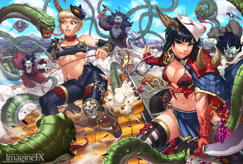 2girls battle black_hair blonde_hair breasts cleavage cutting dcwj fangs green_eyes highres horns knife mask multiple_girls navel oni original rooftop snake sword torn_clothes weapon yellow_eyes