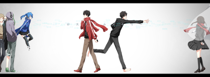 absurdres ayano_(kagerou_project) black_hair brown_hair curtains dual_persona ene_(kagerou_project) green_hair headphones highres hoodie kagerou_project kano_(kagerou_project) kido_(kagerou_project) kisaragi_shintarou long_hair loss_time_memory_(vocaloid) mozukugumi paper_crane reaching red_eyes scarf school_uniform short_hair thigh-highs twintails