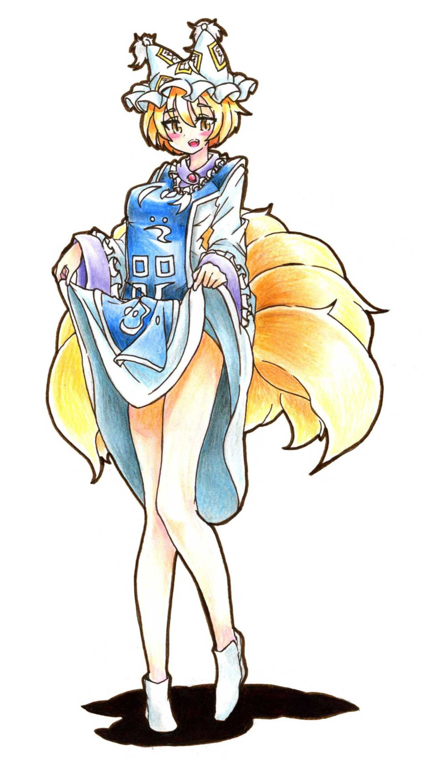 1girl absurdres bare_legs blonde_hair blush breasts dress dress_lift eyelashes fang fox_tail goku_(acoloredpencil) hat highres knees_touching looking_at_viewer multiple_tails open_mouth shadow shoes short_hair simple_background slit_pupils solo tabard tail touhou traditional_media white_background wide_sleeves yakumo_ran yellow_eyes