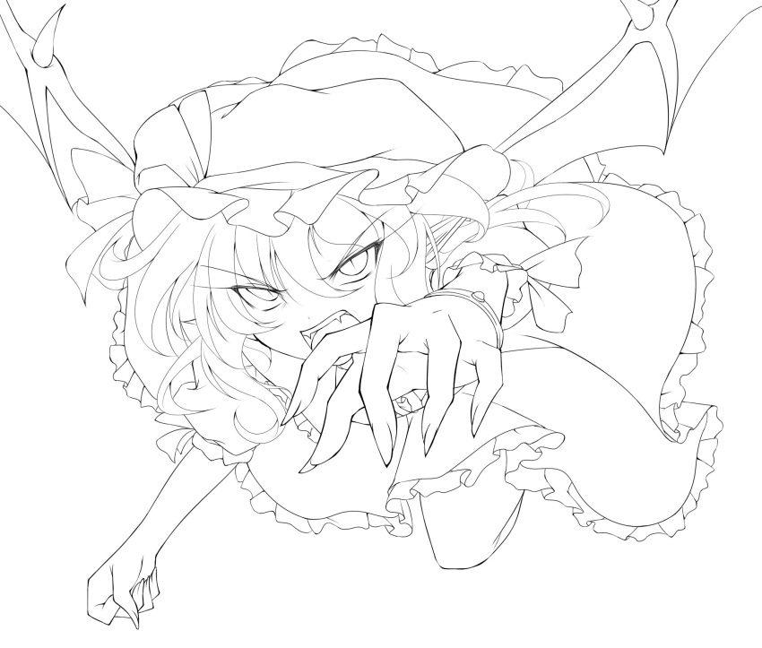 1girl bat_wings fuyuno_taka highres lineart monochrome pointy_ears remilia_scarlet solo touhou wings