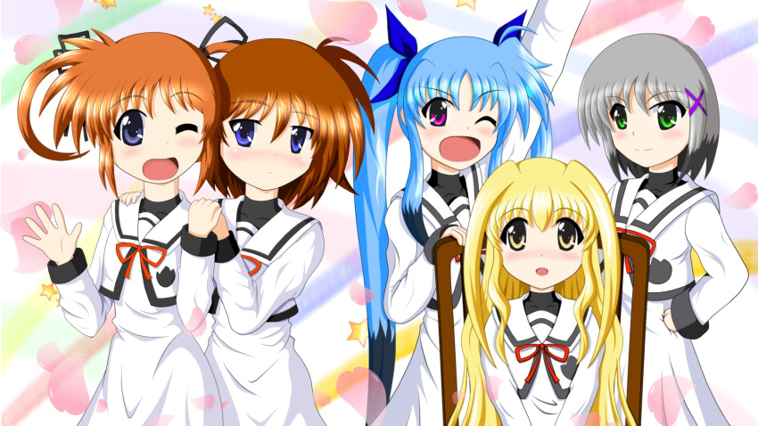 5girls blonde_hair blue_eyes blue_hair blush brown_hair green_eyes grey_hair hair_ribbon hand_on_hips hand_on_shoulder heart highres holding_hands long_hair long_sleeves lyrical_nanoha mahou_shoujo_lyrical_nanoha mahou_shoujo_lyrical_nanoha_a's mahou_shoujo_lyrical_nanoha_a's_portable:_the_gears_of_destiny material-d material-l material-s momotensi multicolored_hair multiple_girls open_mouth red_ribbon ribbon school_uniform short_hair short_twintails sitting smile star takamachi_nanoha twintails u-d very_long_hair violet_eyes waving wavy_hair wink yellow_eyes