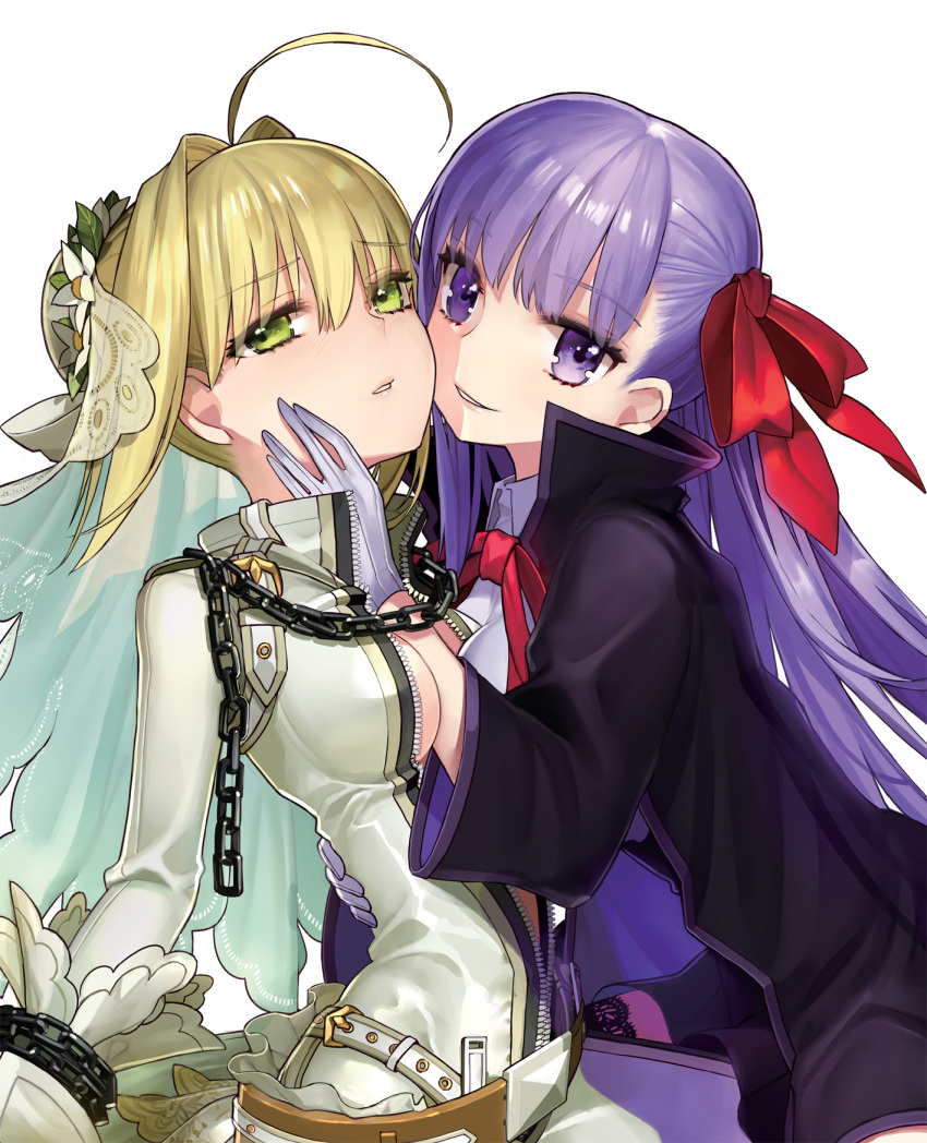 2girls ahoge bb_(fate/extra_ccc) belt between_breasts black_legwear blonde_hair bodysuit buckle chain gloves green_eyes hair_ribbon hand_on_another's_cheek hand_on_another's_face highres hug lock long_hair looking_at_viewer multiple_girls padlock parted_lips purple_hair ribbon saber_bride saber_extra short_hair simple_background smile thigh-highs transparent_background veil violet_eyes wada_aruko white_gloves yuri zipper