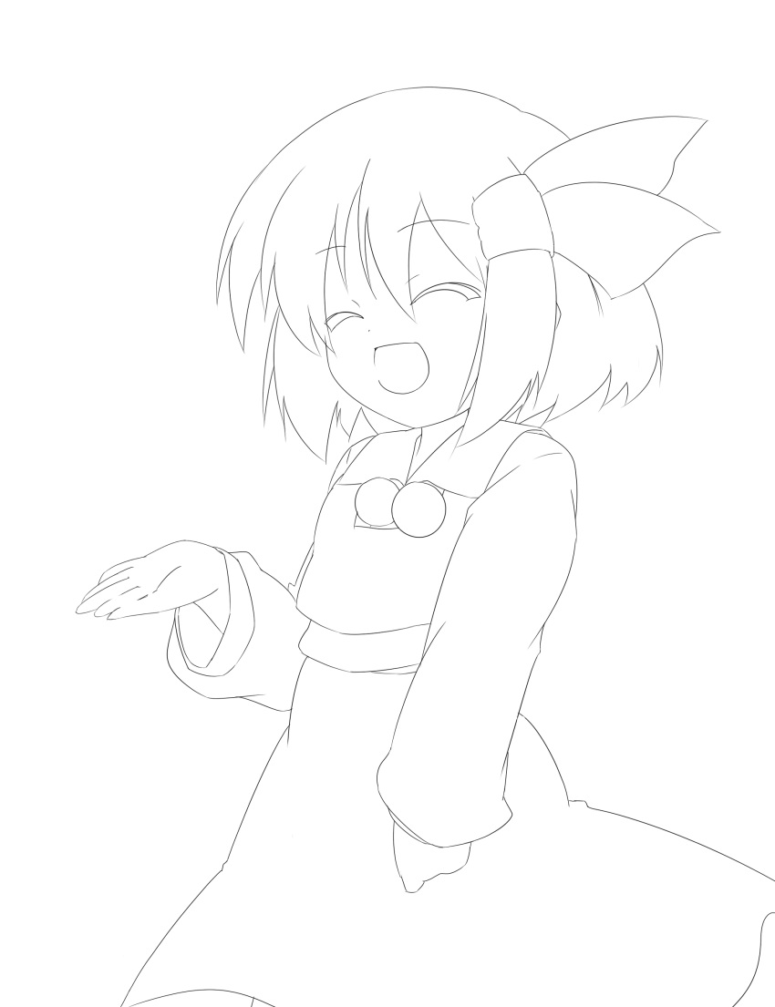 1girl absurdres closed_eyes flat_chest highres lineart monochrome oka_(bananashoe) open_mouth rumia short_hair smile solo touhou