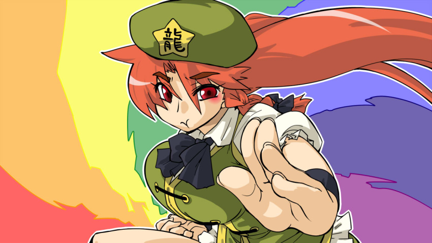 1girl :t blush bow braid breasts chinese_clothes cravat fighting_stance hair_bow hat hong_meiling large_breasts long_hair red_eyes redhead seki_(red_shine) short_sleeves solo star touhou twin_braids