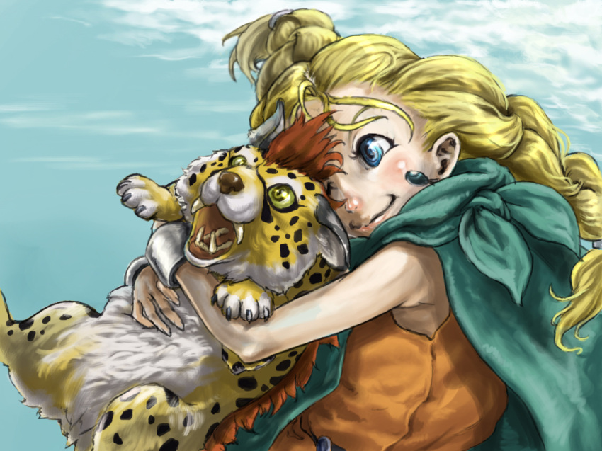 1girl bianca blonde_hair blue_eyes borongo braid cape cat colmack dragon_quest dragon_quest_v earrings hug jewelry long_hair open_mouth smile yellow_eyes