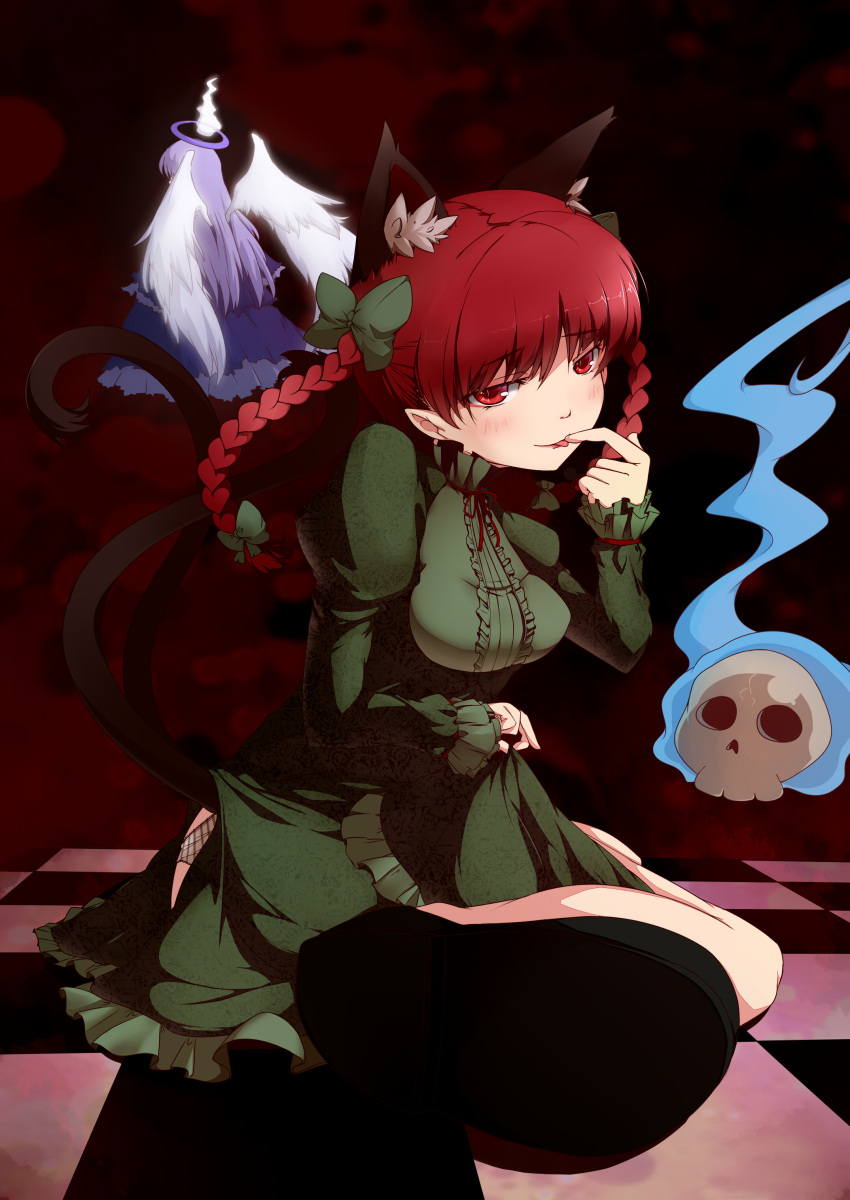 1girl absurdres animal_ears bow braid breasts cat_ears cat_tail checkered checkered_floor dress feet floating_skull ghost green_dress hair_bow highres kaenbyou_rin long_hair multiple_tails panties pantyshot red_eyes redhead ribbon seductive_smile shoes sitting skull slit_pupils solo tail touhou twin_braids underwear wings wino