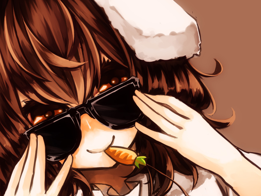 1girl adjusting_glasses animal_ears brown_background brown_hair carrot close-up dutch_angle glasses highres inaba_tewi jewelry looking_at_viewer looking_over_glasses mister_rhino_(wangzisama1001) pendant rabbit_ears red_eyes smile solo sunglasses touhou