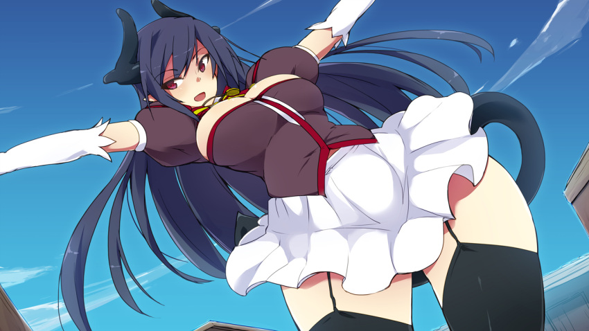 1girl black_legwear breasts cleavage clouds elbow_gloves garter_straps gloves horns long_hair maze_(gochama_ze_gohan) original outstretched_arms purple_hair red_eyes skirt sky tail thigh-highs