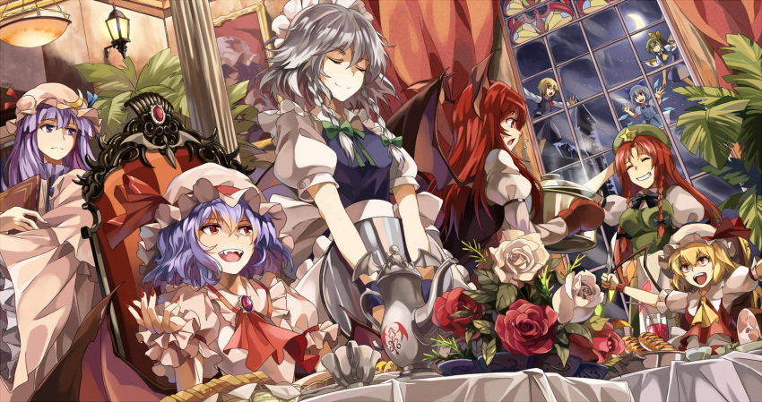6+girls ascot bat_wings beret blue_hair book bow braid bread brooch chair cirno crescent cup daiyousei demon_wings dinner emblem everyone fangs fingernails flandre_scarlet flower food hair_bow hat head_wings highres holding izayoi_sakuya jewelry knife koakuma long_fingernails long_hair meat mittens multiple_girls nail_polish neko_(yanshoujie) open_mouth outstretched_arms painting_(object) patchouli_knowledge peeking purple_hair red_eyes redhead remilia_scarlet rose rumia sitting slit_pupils smile spread_arms straw table teacup teapot the_embodiment_of_scarlet_devil touhou twin_braids window wings