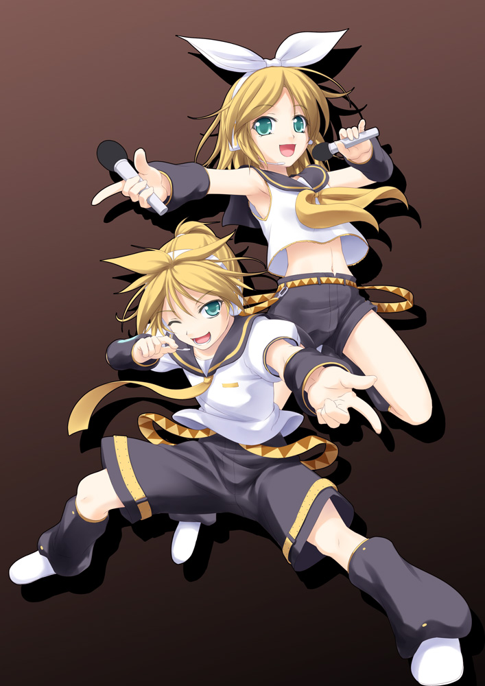 Safebooru - blonde hair brother and sister headset jumping kagamine len ...