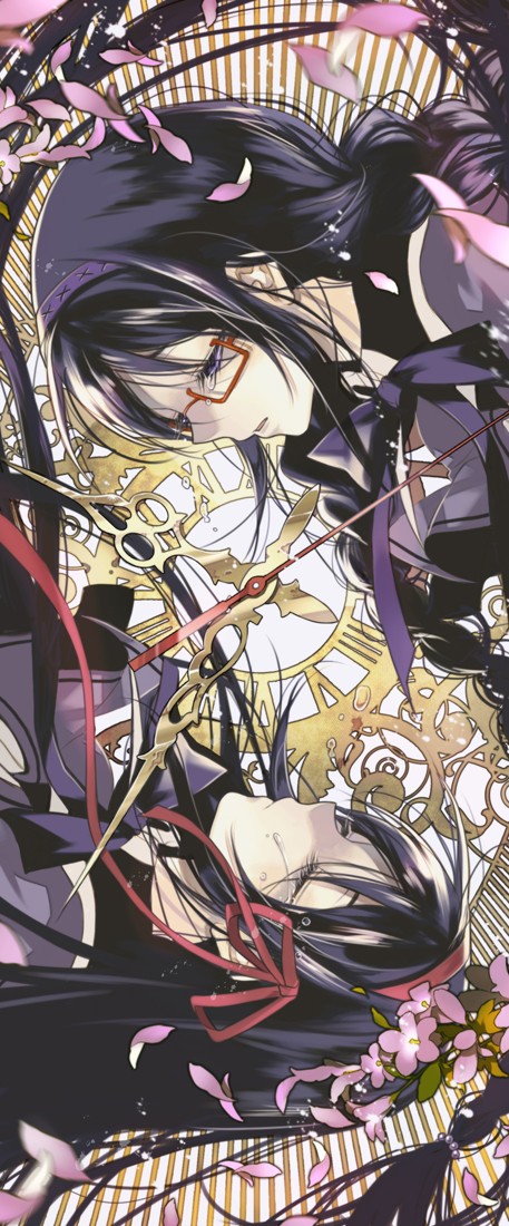 Safebooru Akemi Homura Art Nouveau Bow Braid Cherry Blossoms Clock