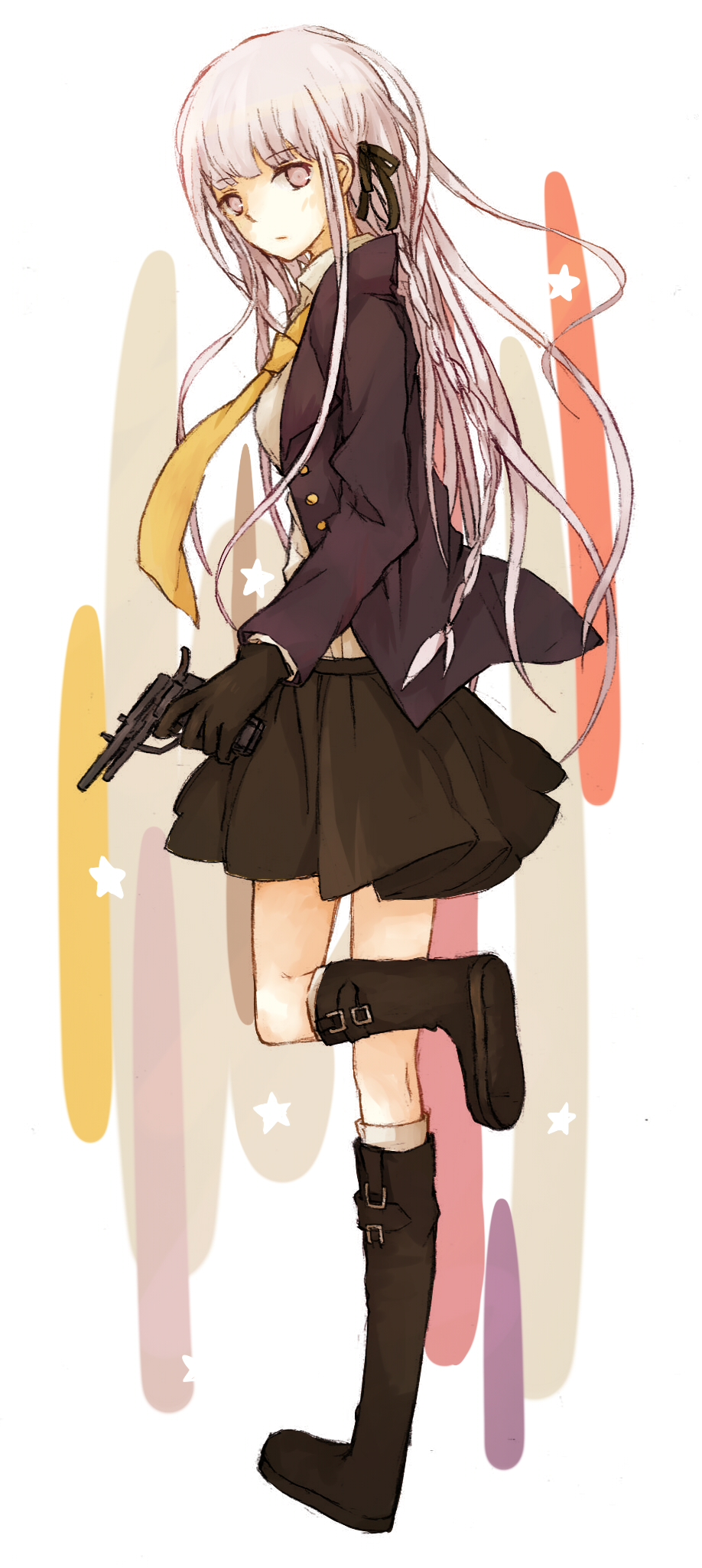 Safebooru 1girl Boots Braid Dangan Ronpa Expressionless Gloves Gun Highres Jacket Kirigiri 1760