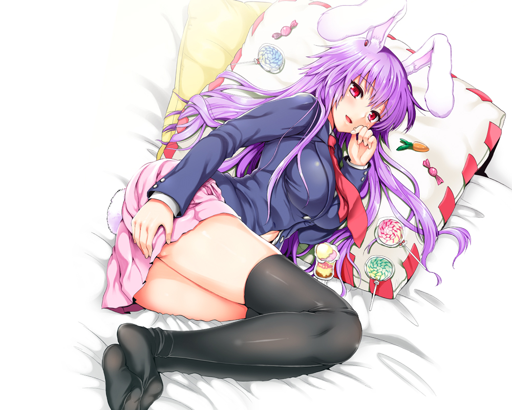 1girl animal_ears black_legwear kojima_saya long_hair lying on_side purple_...