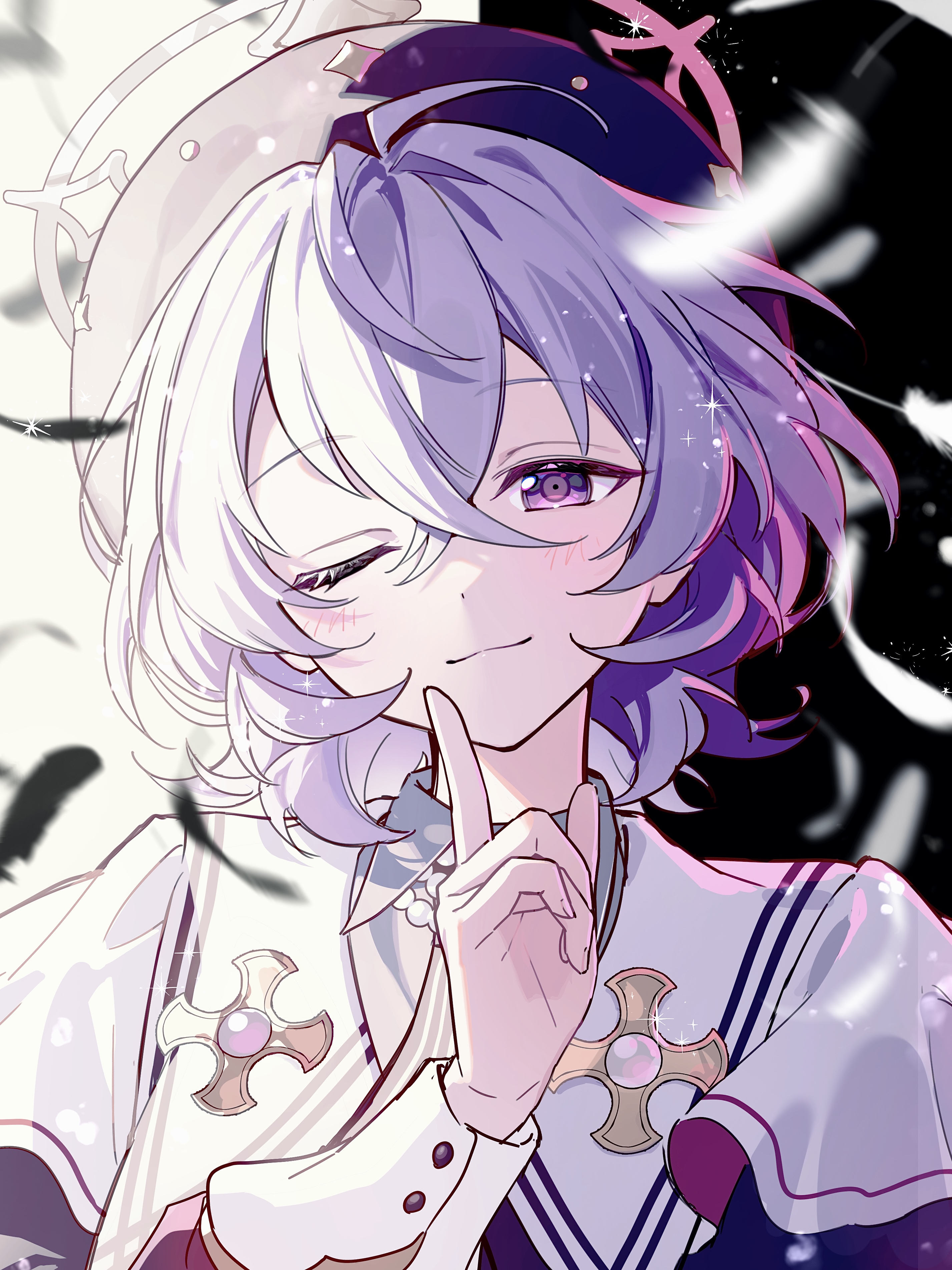 Safebooru - 1boy :3 absurdres black background black feathers collar ...