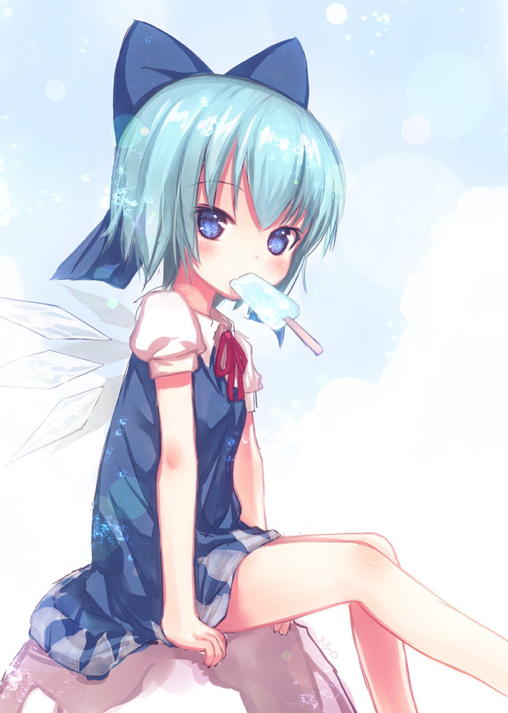 Safebooru 1girl Blue Eyes Blue Hair Blush Bow Cirno Hair Bow Kiira Looking At Viewer Popsicle 9466