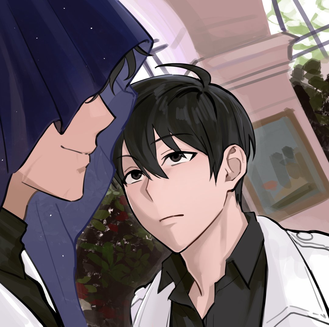 Safebooru - 2boys ahoge black eyes black hair black shirt coat collared ...