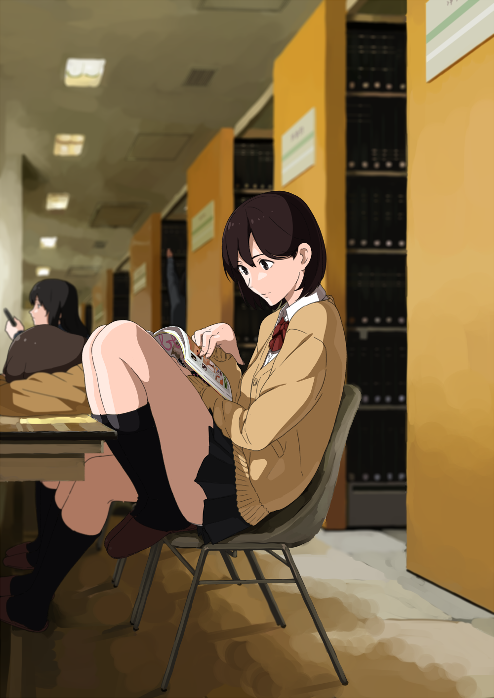 ...highres library multiple_girls onsen_nakaya original reading school_unif...