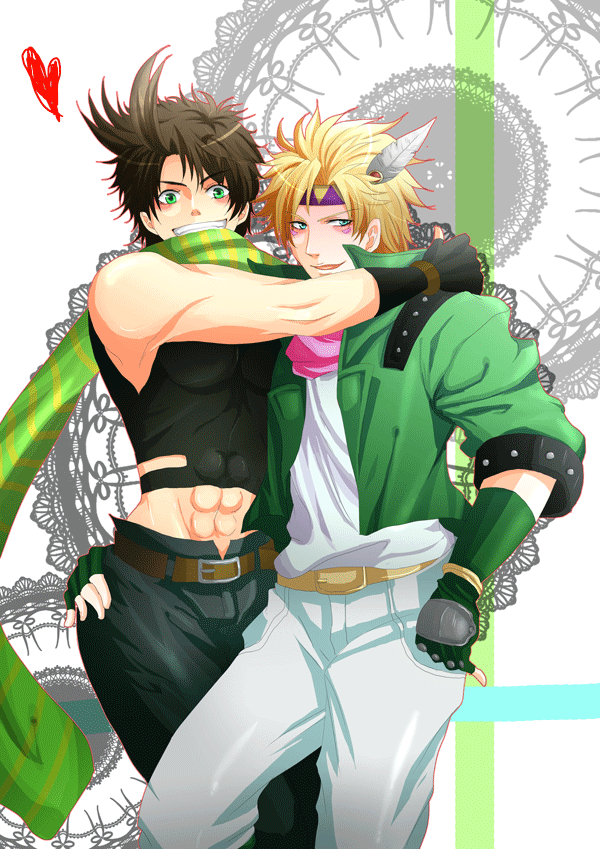 2boys blonde_hair brown_hair caesar_anthonio_zeppeli facial_mark feathers f...