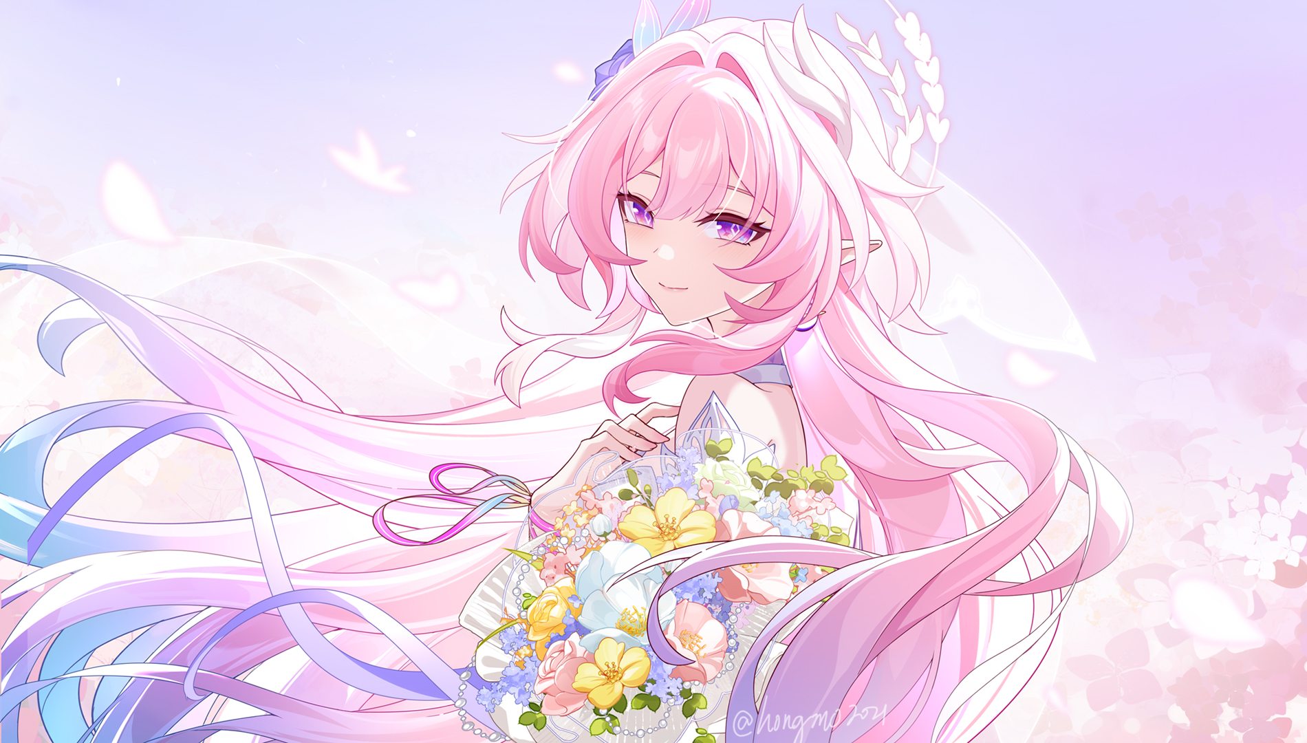 Safebooru - 1girl aqua hair bare shoulders bouquet breasts commentary ...