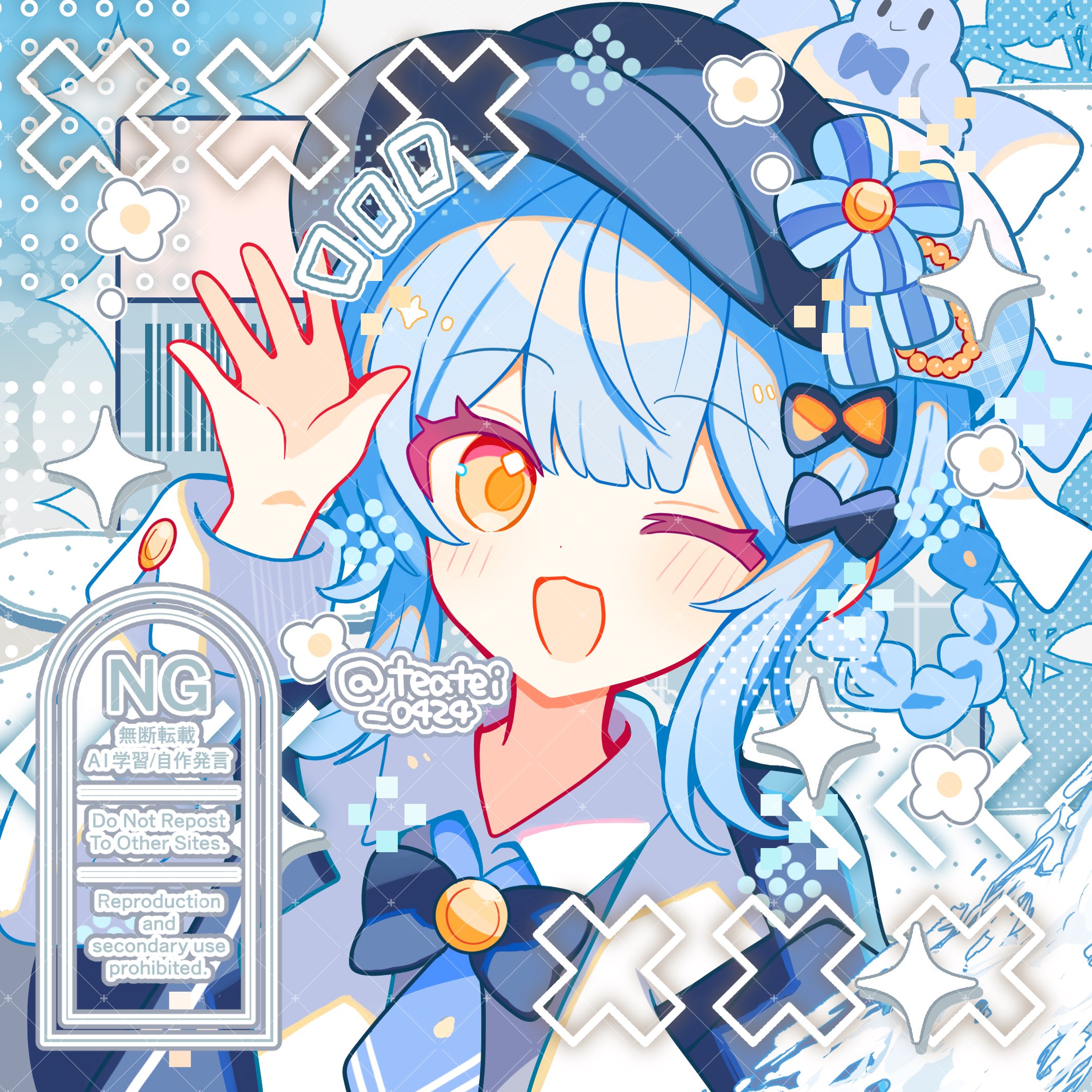 Safebooru - 1girl ;d black bow black bowtie black hat blue bow blue ...