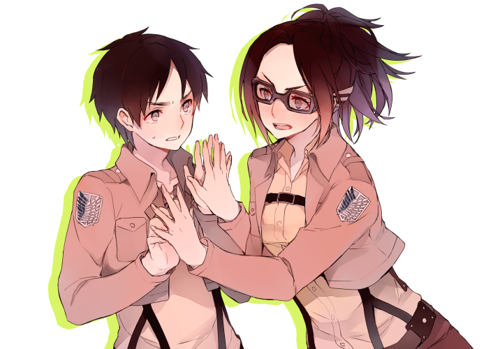 1boy 1girl brown_hair eren_jaeger glasses hange_zoe jacket open_mouth shing...