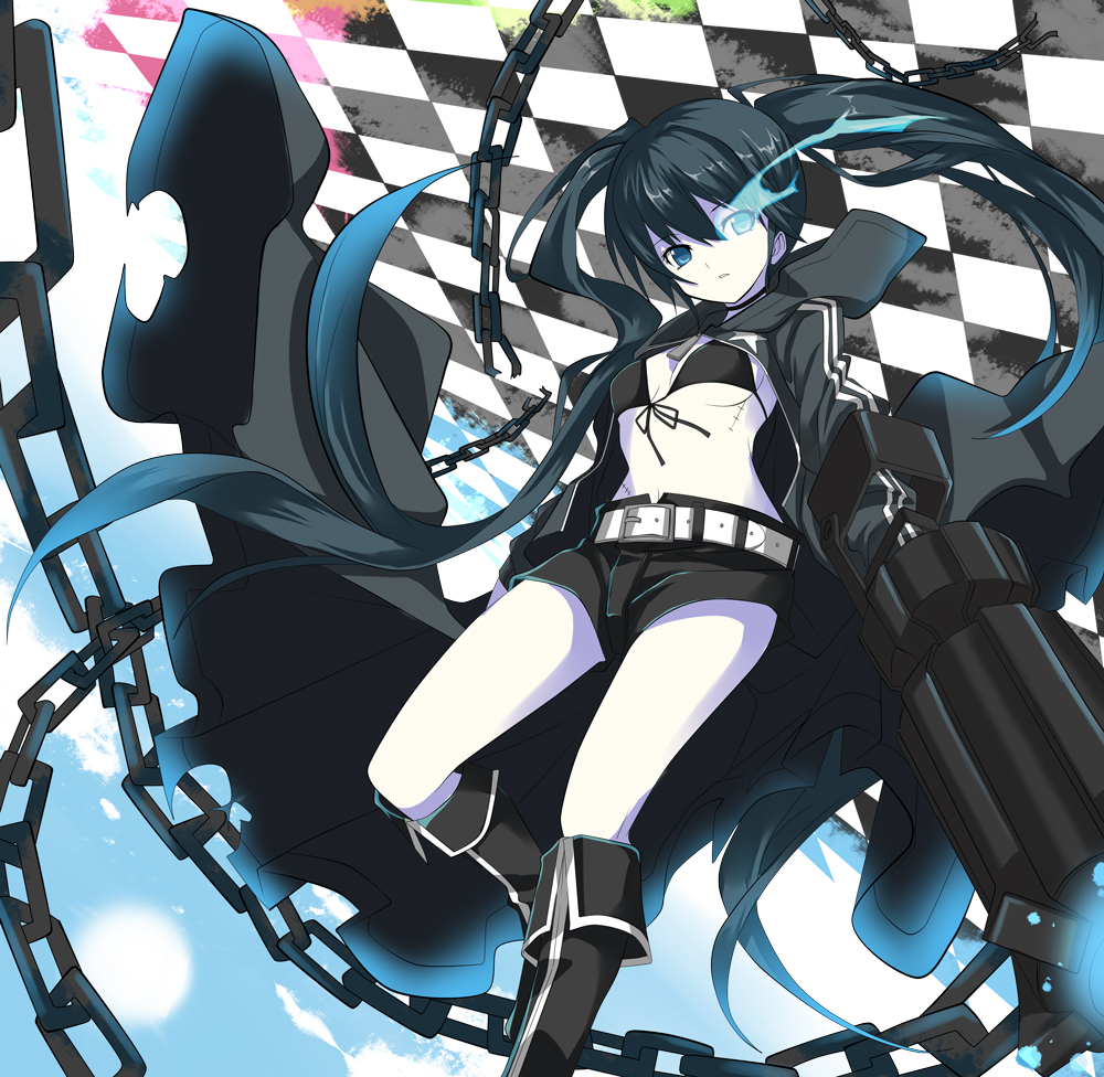 1girl arm_cannon belt bikini_top black_hair black_rock_shooter black_rock.....