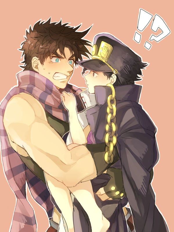 2boys age_regression black_hair blue_eyes blush brown_hair chain hat jojo_n...