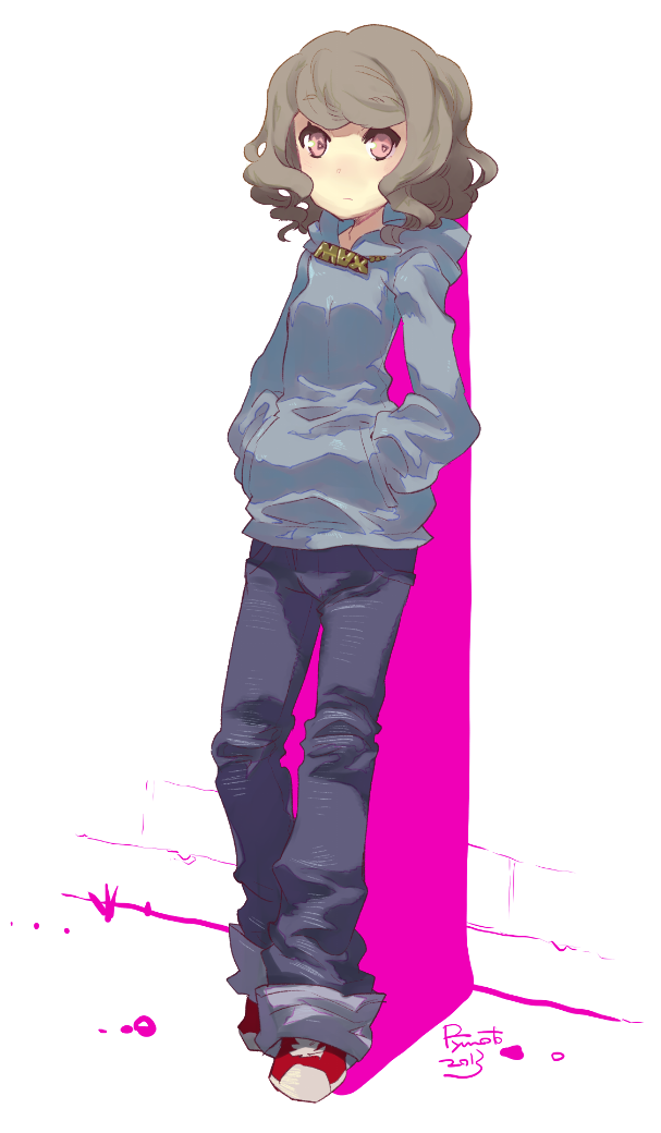 Safebooru 1girl Against Wall Black Hair Hamamoto Ryuusuke Hands In Pockets Hoodie Jeans Orange