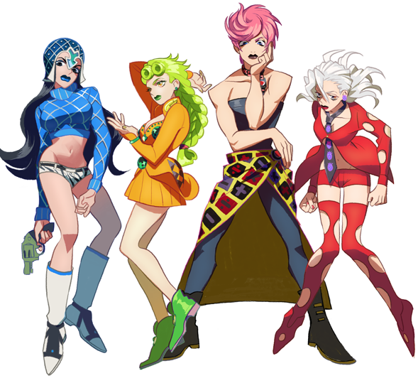 1boy 3girls black_hair braid genderswap giorno_giovanna green_hair grey_hai...