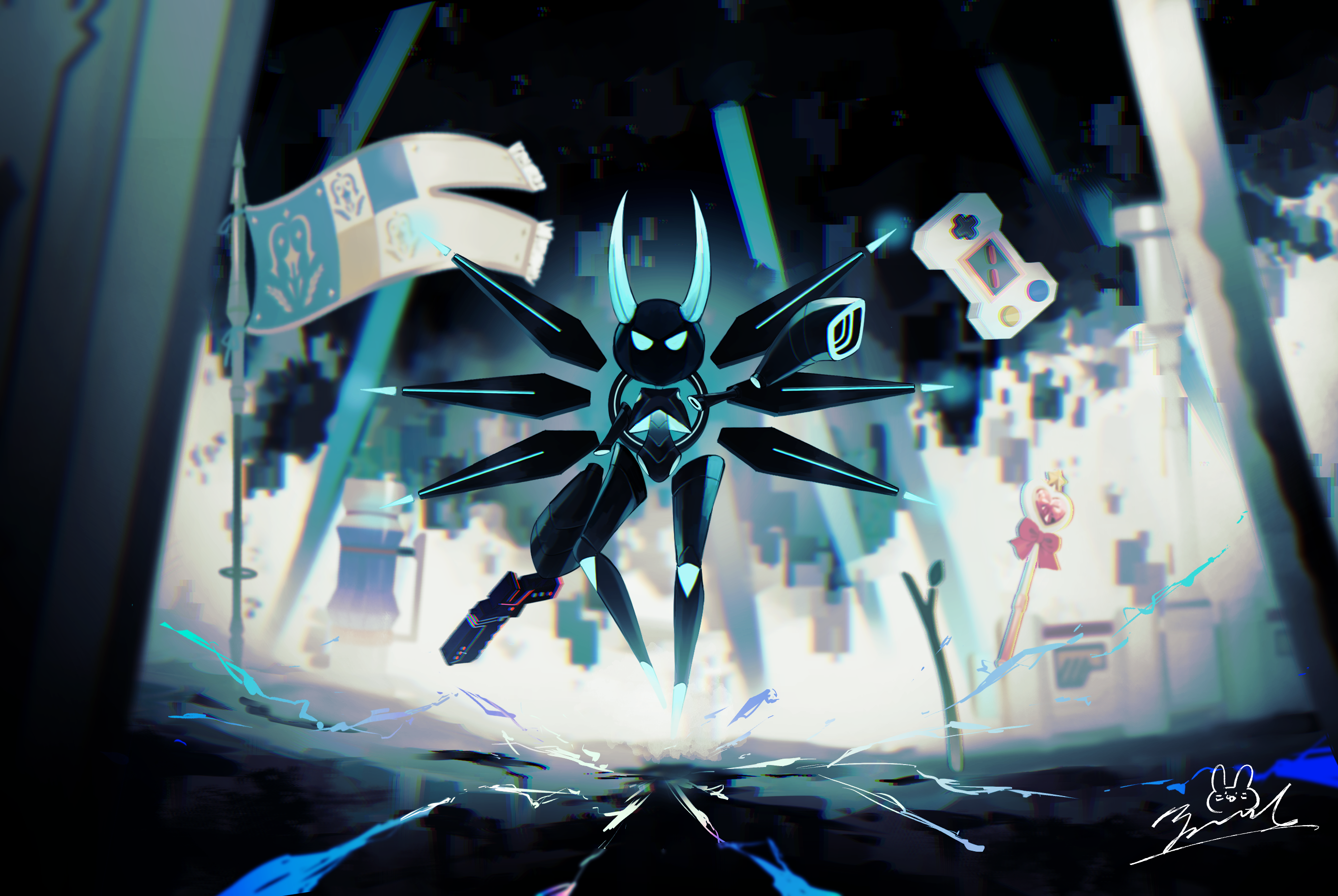 5659040 Safebooru - #compass aqua eyes arm up black hair black theme blue eyes ...