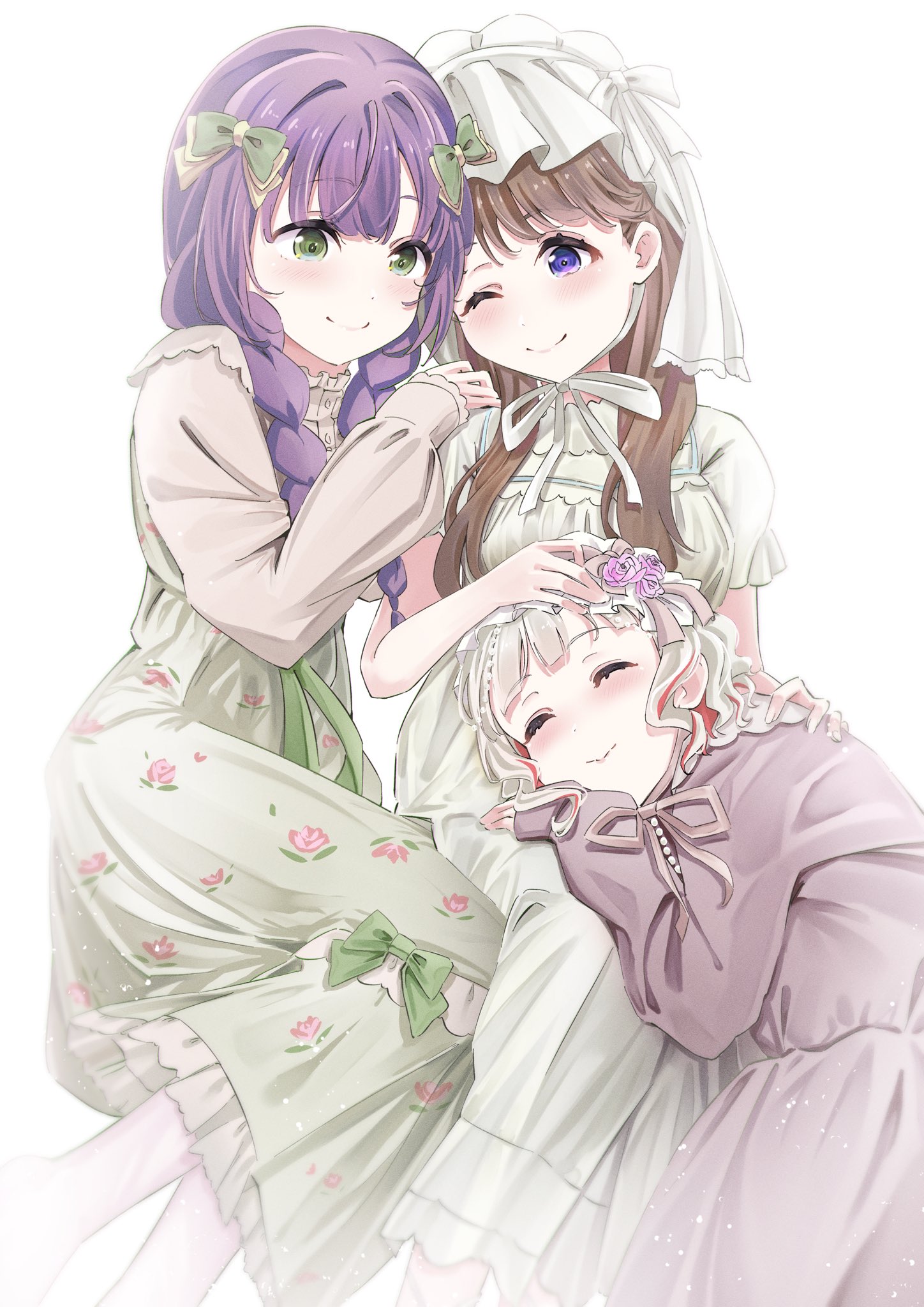 Safebooru - 3girls ;) ^ ^ blush bow braid breasts brown hair closed ...