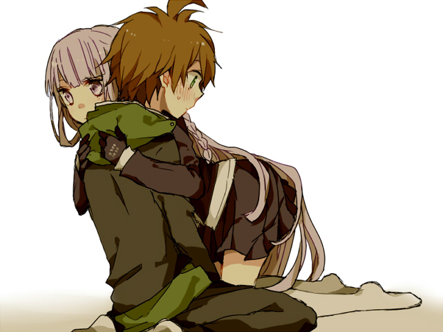 Safebooru 1boy 1girl Blush Brown Hair Dangan Ronpa Gloves Green Eyes Hoodie Hug Kirigiri 6180