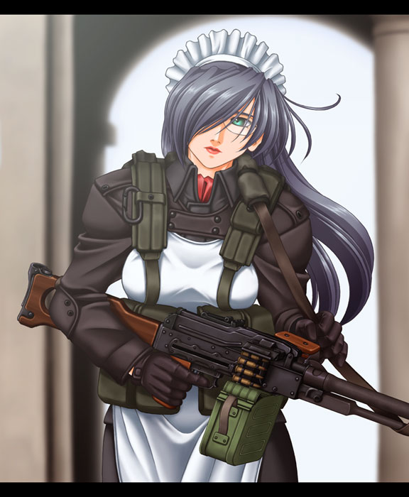 Safebooru - 1girl armor combat maid glasses green eyes grey hair gun