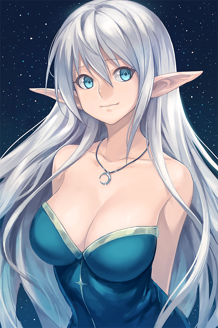 1girl bare_shoulders blue_eyes breasts cleavage guchico jewelry large_breas...