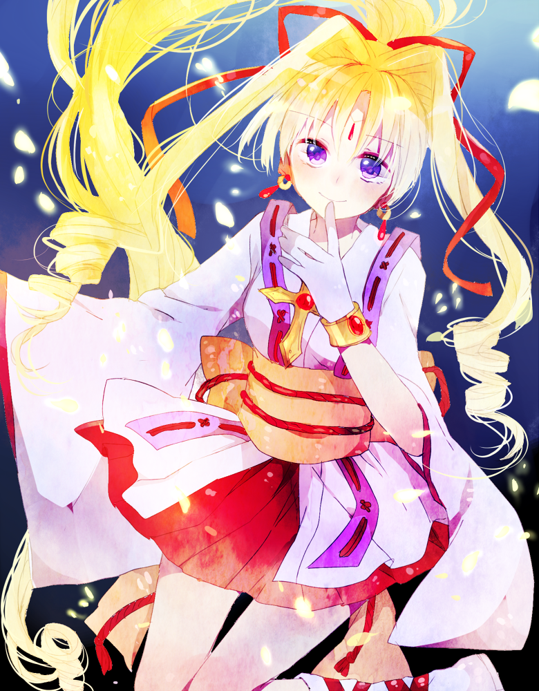 1girl blonde_hair cross earrings finger_to_mouth gloves jewelry kaitou_jean...