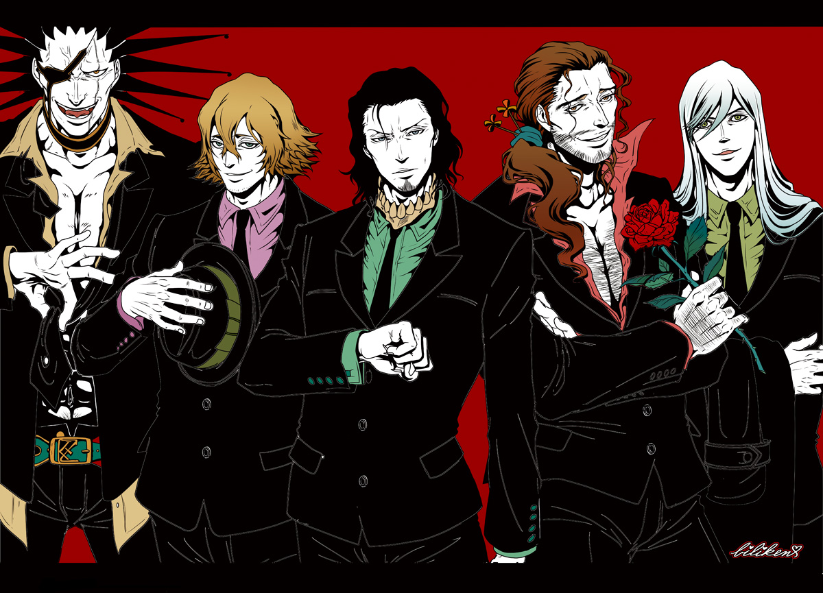Safebooru 5boys biliken black hair bleach brown hair coyote starrk eyepatch facial hair flower