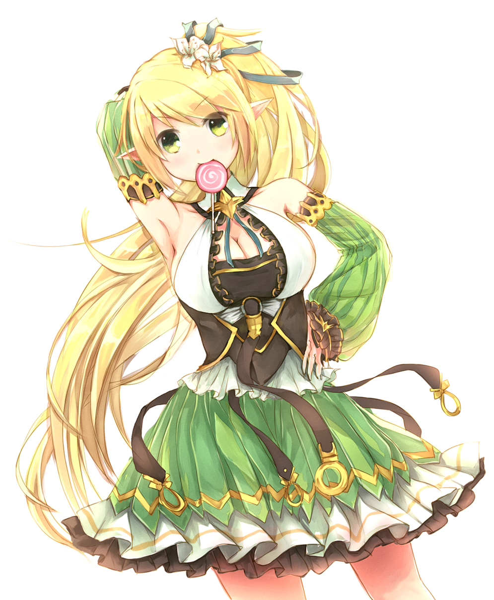 Safebooru 1girl Arm Up Armpits Blonde Hair Breasts Candy Cleavage Corset Detached Sleeves 6328