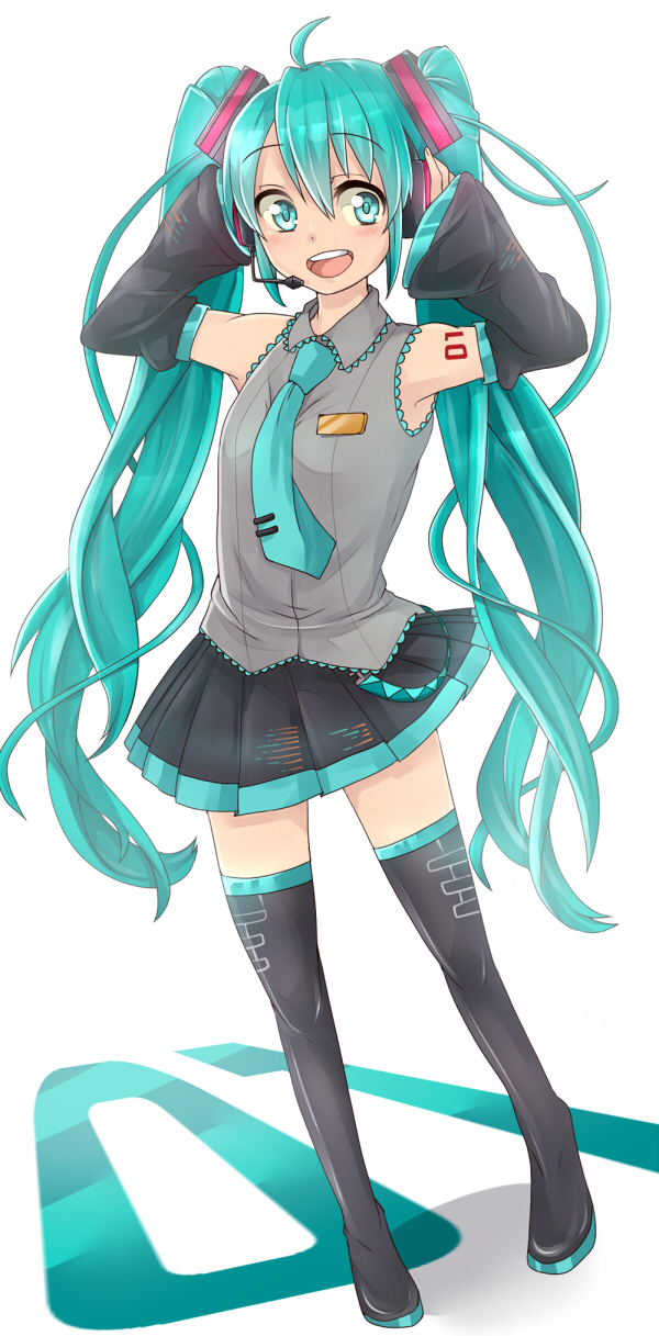 Safebooru 1girl Ahoge Aqua Eyes Aqua Hair Arms Up Boots Detached Sleeves Hatsune Miku Headset 7542