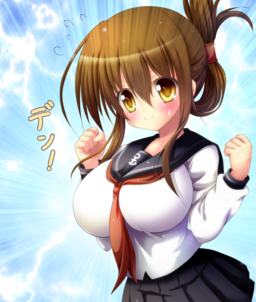 1girl alternate_breast_size blush breasts brown_hair folded_ponytail inazum...