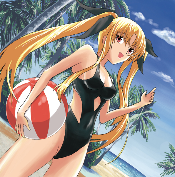 1girl ball beach beachball blonde_hair casual_one-piece_swimsuit fate_testa...
