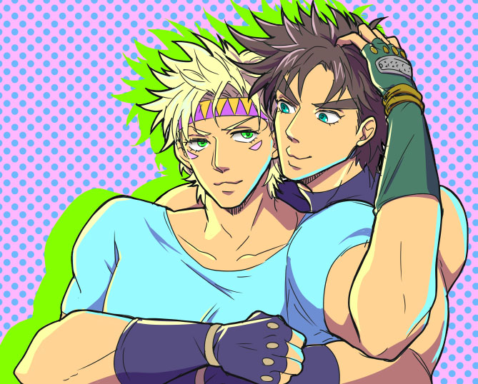 Safebooru 2boys Blonde Hair Brown Hair Caesar Anthonio Zeppeli Fingerless Gloves Gloves Green 7820