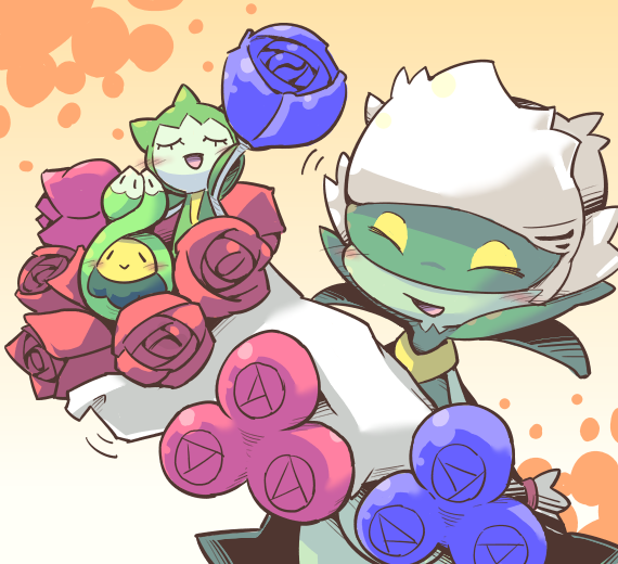 :> blue_rose blush budew closed_eyes crepix flower holding looking_a...