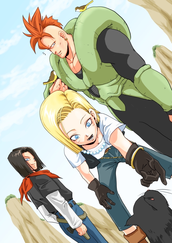 /\/\/\ 1girl 2boys android_16 android_17 android_18 bird black_hair blonde_...