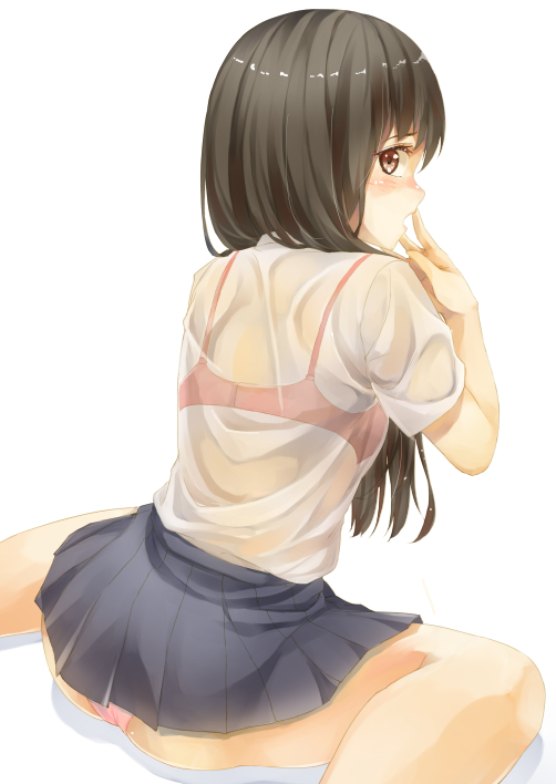 Safebooru - 1girl ass back black hair blush bra brown eyes e