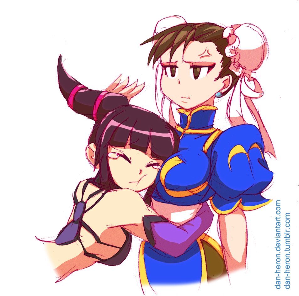 chun-li cowboy_shot dan_heron detached_sleeves double_bun han_juri head_bet...